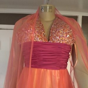 Beyond by jovani gorgeous fuchsia and orange sequined bodice  strapless dress
